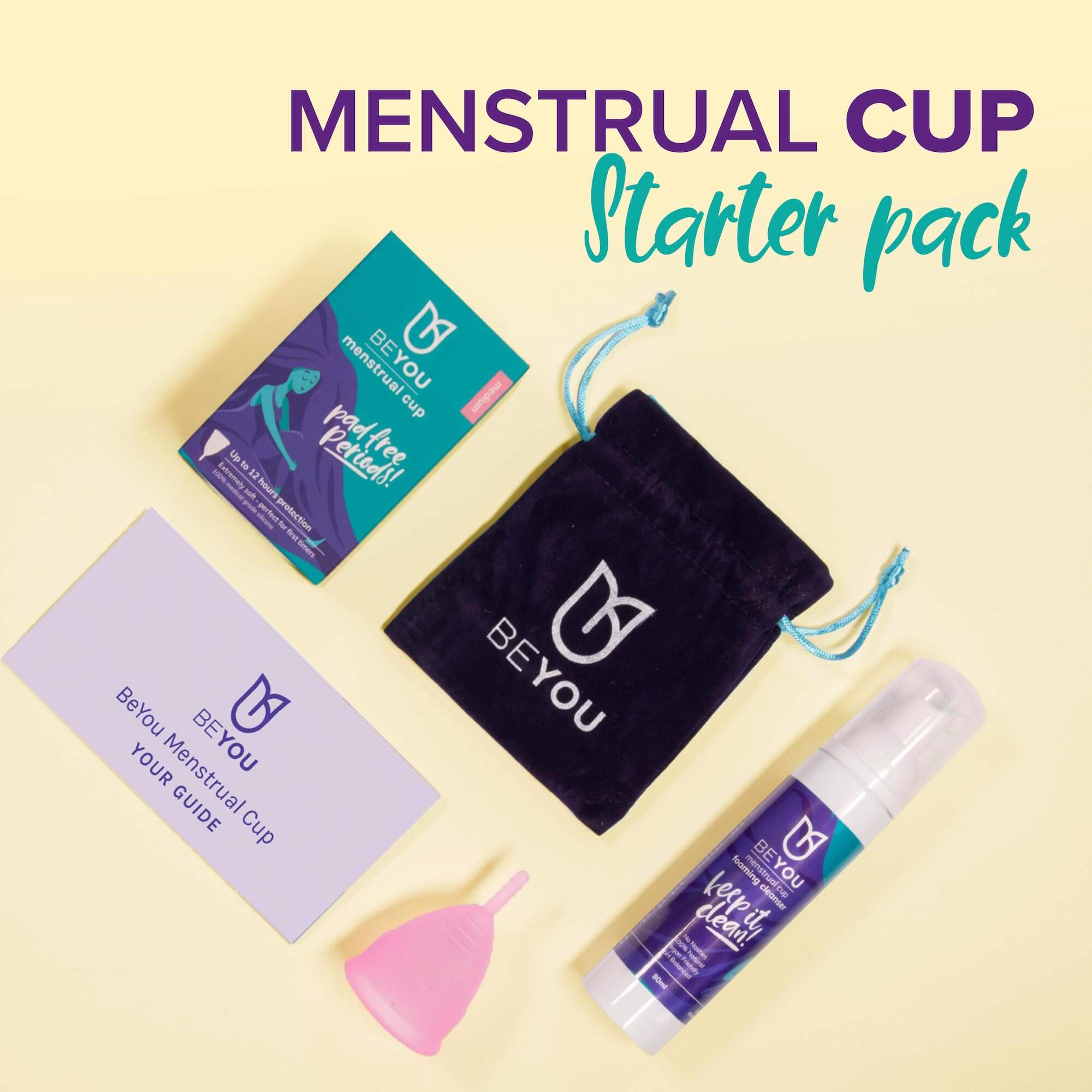 menstrual cup starter pack comes with the menstrual cup and menstrual cup foaming cleanser